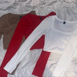 Red, White, and Tan Long Sleeve Crop Tops
